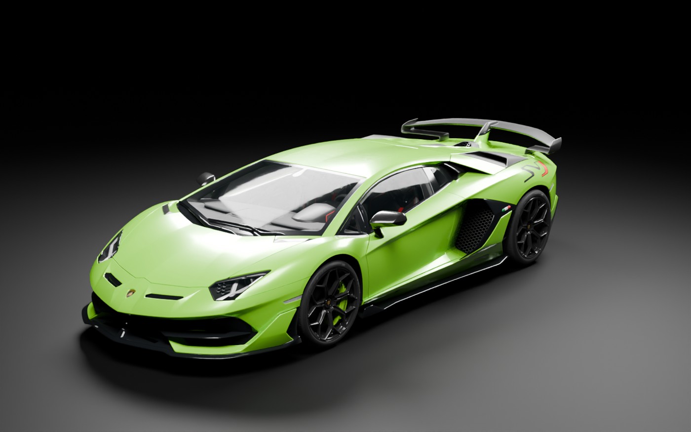 黑色展厅中的荧光绿兰博基尼 Aventador SVJ